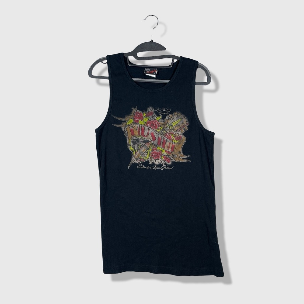 Rock Steady Tank Top Womens XL Black Tattoo Skull Graphic Rockabilly Biker Edgy